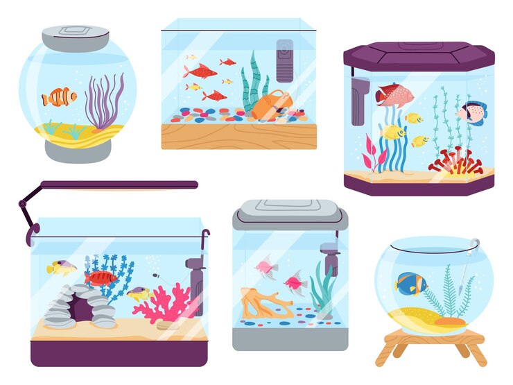 Vector aquariumvissen kleurrijke vissen in tankalgen en tropische goudvissen in zeewater mooie huisdier oceaan onderwaterwereld in vissenkom fatsoenlijke vector set tank aquarium met gekleurde vissen illustratie