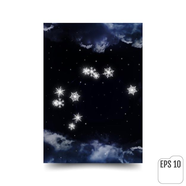 Aquarius Constellation of snowflakes Zodiac Sign Aquarius constellation lines The constellation is seen through the clouds and snowfall in the night sky Vector