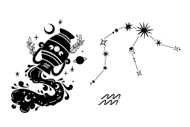 Знак зодиака Водолея клипарт астрология символ и созвездие мистический гороскоп вектор
