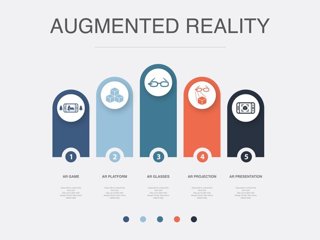 AR ゲーム プラットフォーム仮想メガネ AR プロジェクション AR プレゼンテーション アイコン インフォ グラフィック デザイン テンプレート 5 つのステップでクリエイティブ コンセプト