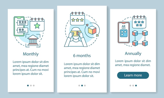 Schermata della pagina dell'app mobile di onboarding dell'abbonamento allo strumento ar con concetti lineari. tariffe mensili o annuali. istruzioni grafiche in tre passaggi. modello vettoriale ux, ui, gui con illustrazioni