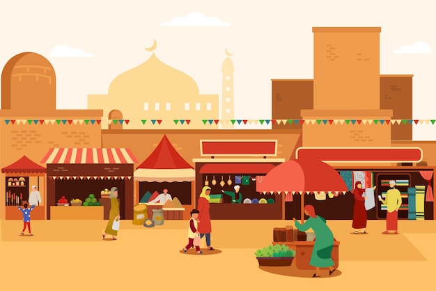 Arab bazaar with people buying products