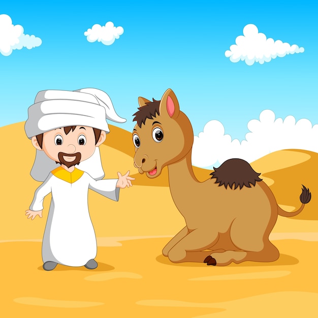 Arab boy and a camel in the desert