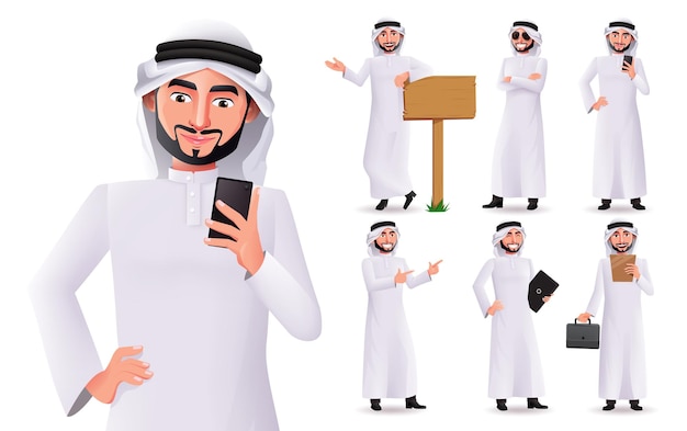 Arab business man vector character set. arabian male characters collection standing and holding.