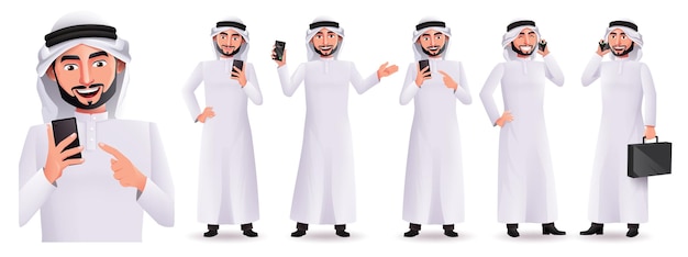 Arab business man vector character set. Arabian male characters holding bag and phone isolated.