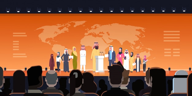 Arab Business People Group On Conference Meeting Or Presentation Over World Map illustration Team Of Arabian Speakers Corporate Training Or Report Concept