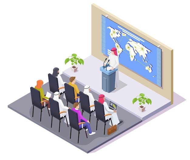 Arab businessman conference meeting vector isometric illustration international seminar workshop tra...