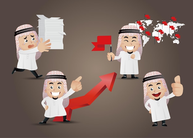 Arab businessman in different actions cartoon characters set