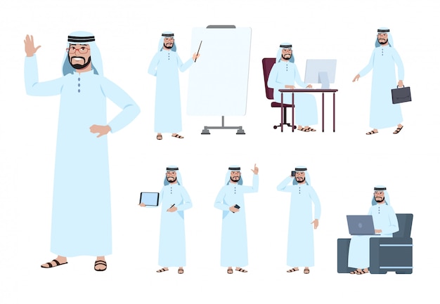 Vector arab businessman. saudi business people character set. islam arabian male in business activity vector set