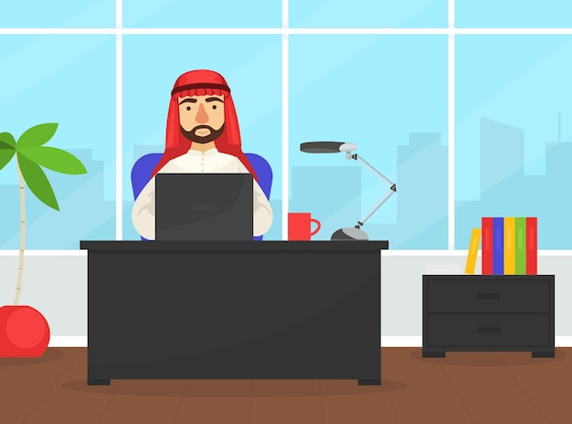 Vector arab businessman sitting at office desk working laptop computer arabic office worker character