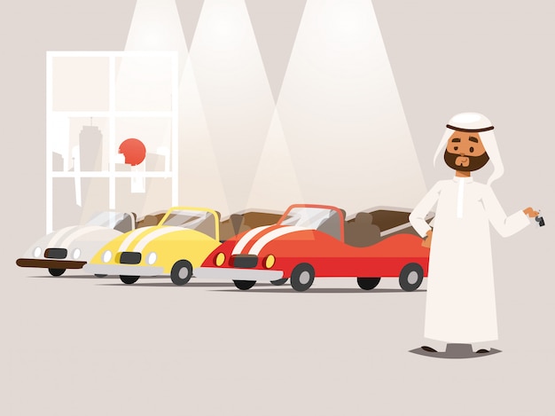 Arab businessman wearing traditional clothing near car park illustration. cartoon character muslim