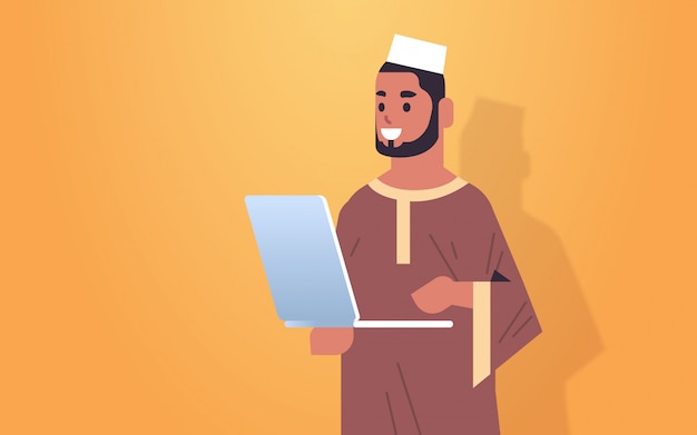 Vector arab businessman working on laptop smiling arabic business man office worker in formal wear using computer application portrait horizontal