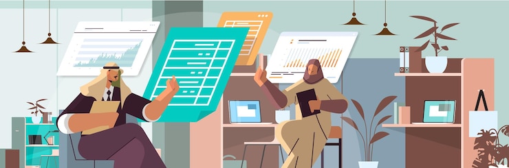 Vector arab businesspeople analyzing statistic data on virtual boards successful teamwork concept office interior horizontal portrait vector illustration