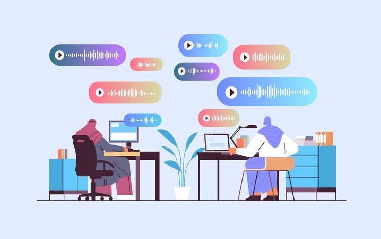 Vector arab businesspeople communicate in instant messengers by voice messages audio chat application social media online communication concept horizontal full length vector illustration