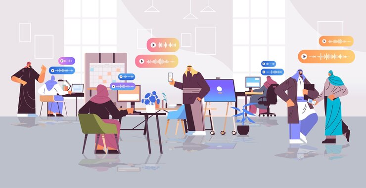 Vector arab businesspeople communicate in instant messengers by voice messages audio chat application social media online communication concept horizontal full length vector illustration