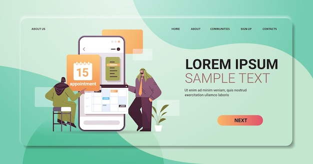 Imprenditori arabi che pianificano l'appuntamento per la pianificazione del giorno nel calendario sulla gestione del tempo dello schermo dello smartphone