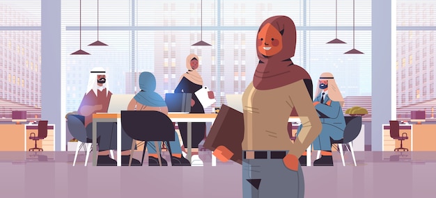 arab businesswoman leader standing in front of arabic businesspeople team leadership concept modern office interior horizontal portrait  illustration