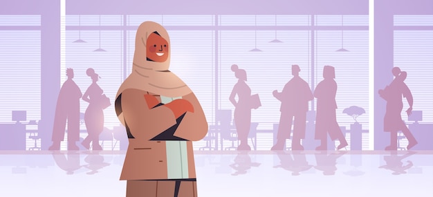 Arab businesswoman leader standing in front of businesspeople silhouettes business competition leadership concept office interior illustration