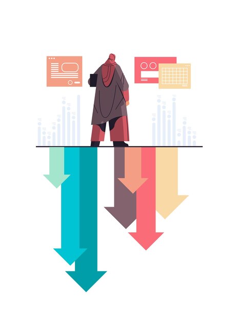 Vector arab businesswoman standing on downward red and blue arrows recession financial crisis bankruptcy concept vertical full length vector illustration