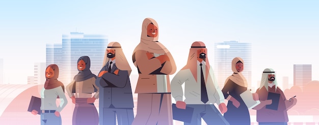 Вектор Лидер группы арабских бизнесменов стоит перед арабскими бизнесменами концепция лидерства городской пейзаж фоновой иллюстрации