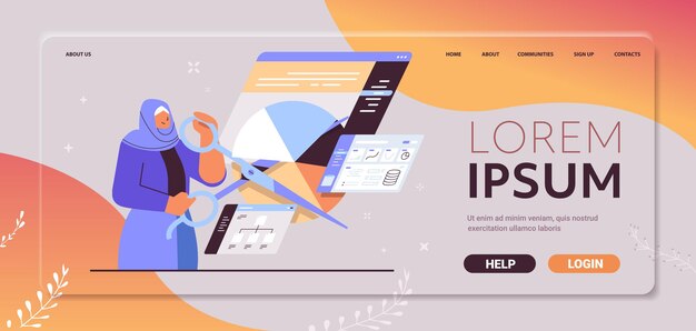 視覚的なグラフを作成するはさみを持つアラブの実業家ビジネスチャート財務統計データ分析概念水平ポートレートコピースペースベクトル図