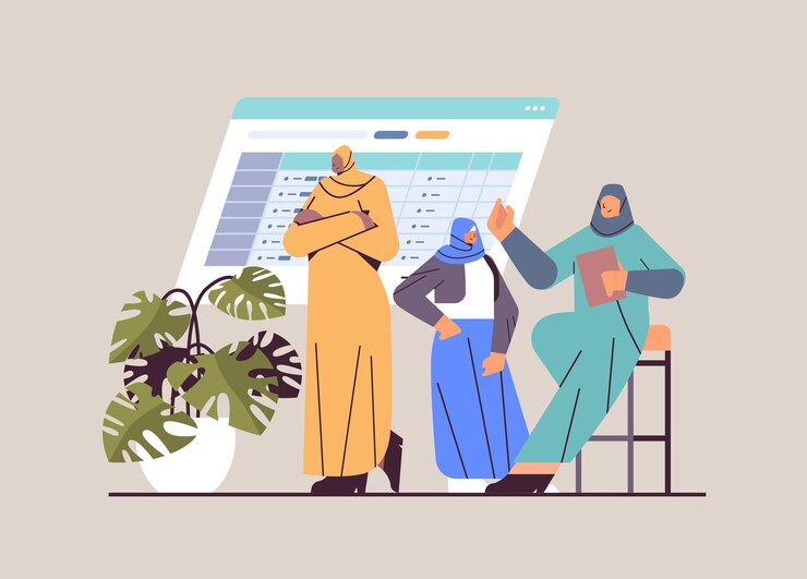 Vector arab businesswomen team discussing during corporate meeting brainstorming business development teamwork concept horizontal full length vector illustration
