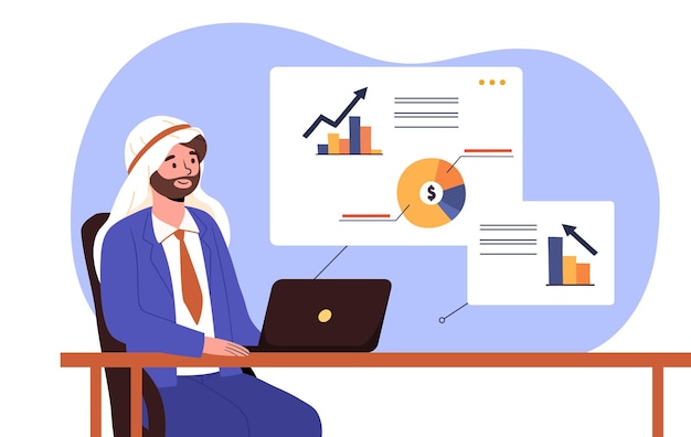 Арабский бизнесмен на рабочем месте Человек в хиджабе с ноутбуком рядом с графиками и диаграммами Работа со статистикой и информацией Инфографика и визуализация данных Мультфильм плоская векторная иллюстрация