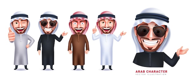 Arab character vector set design. Saudi man handsome character in standing poses collection isolated