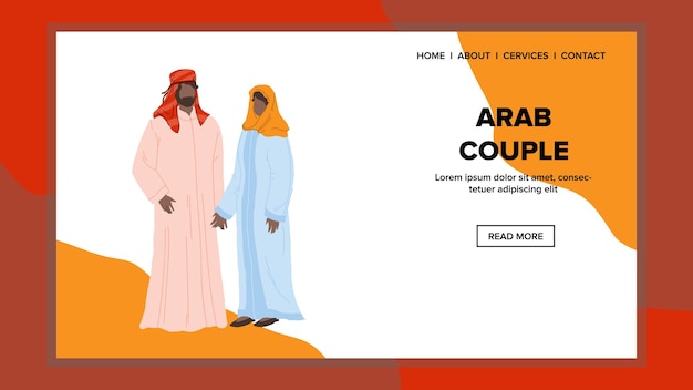 Arab giovane uomo e donna in arabo indossa il vettore. coppia araba ragazzo e ragazza indossando abiti culturali arabi. personaggi barbuto marito e moglie in hijab web piatto cartoon illustration