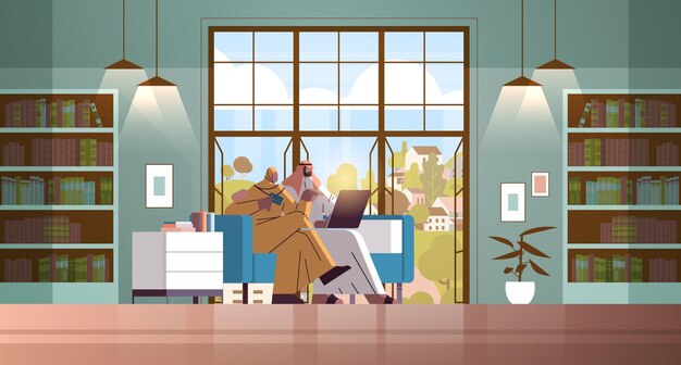 Arab couple with credit card using laptop online shopping concept man woman ordering goods together modern living room interior horizontal full length vector illustration