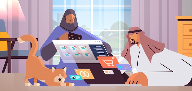 Вектор Арабская пара с кредитной картой, используя ноутбук, концепция онлайн-покупок, мужчина и женщина вместе заказывают товары