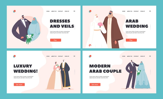 Arab couples wedding ceremony landing page template set traditional muslim groom and bride characters