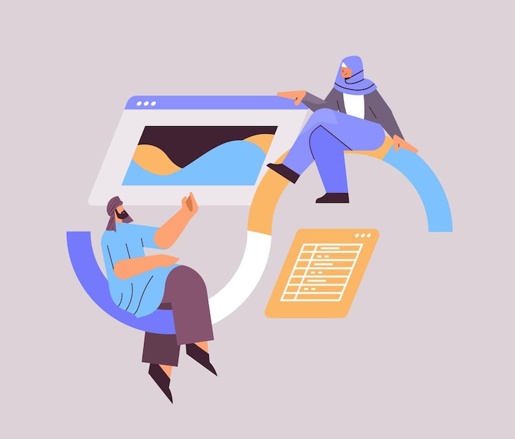 Vector 웹 사이트 ui 인터페이스 웹 응용 프로그램 개발 프로그램 소프트웨어 최적화 개념 전체 길이 벡터 일러스트 레이 션을 만드는 아랍 개발자