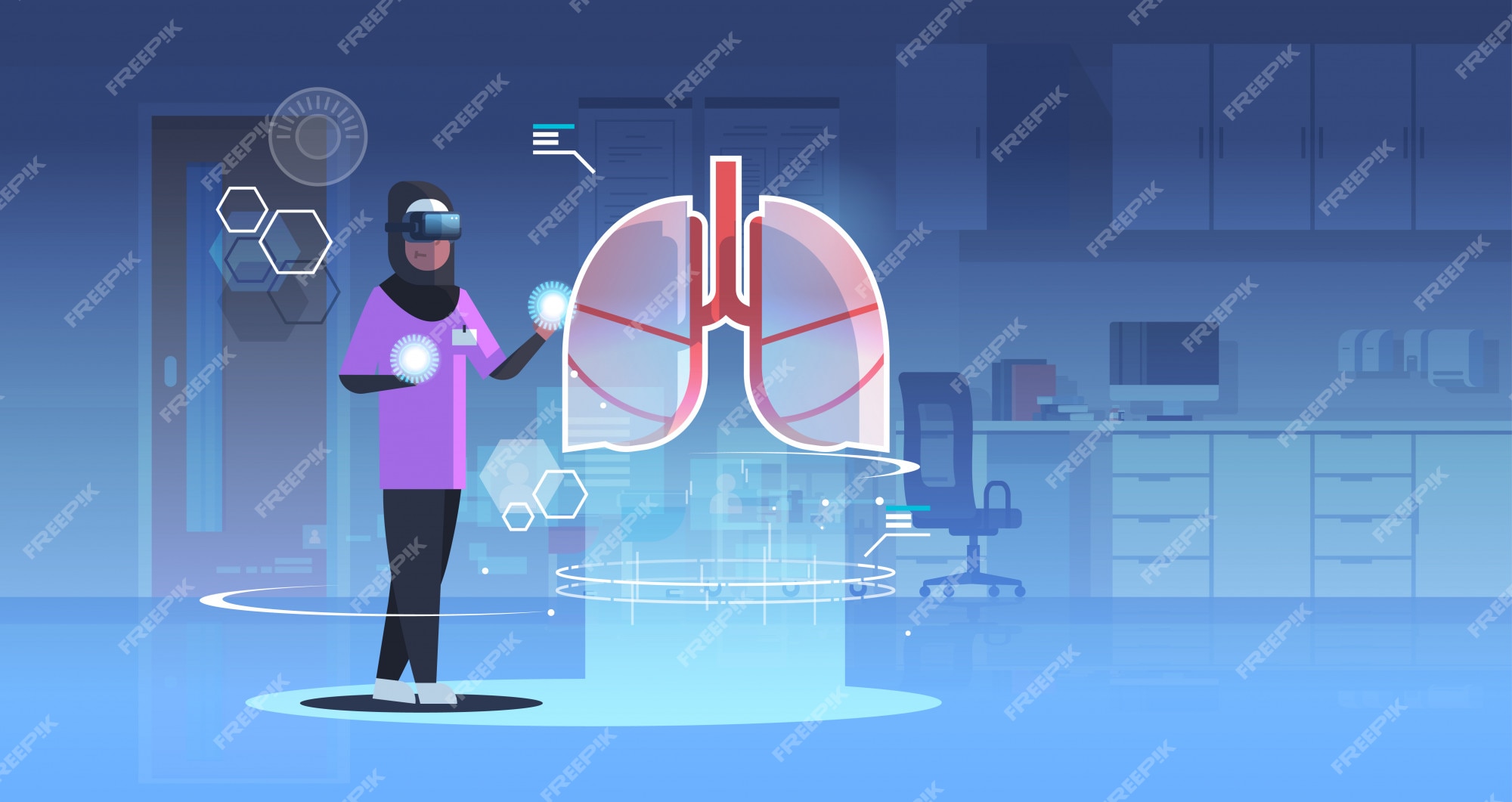 Premium Vector | Arab doctor nurse wearing digital glasses looking virtual reality lungs human organ anatomy Premium Vector | Arab doctor nurse wearing digital glasses looking virtual reality lungs human organ anatomy