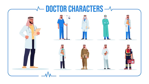 아랍 의사 세미 Rgb 색상 그림 집합입니다. 군 위생병. 수의사. 의료 장비와 남자 간호사. 병원 직원. 흰색 배경 팩에 만화 한 문자