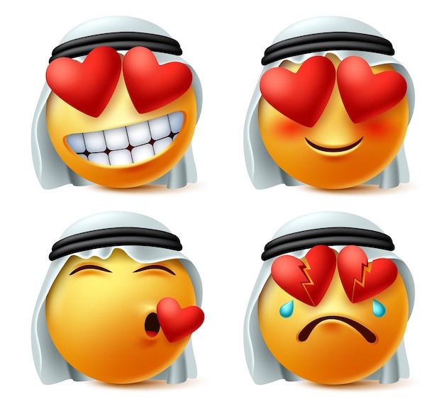 Vector arab emoticon of heart and love vector emoji set. saudi arabian emoticon cute face in in love