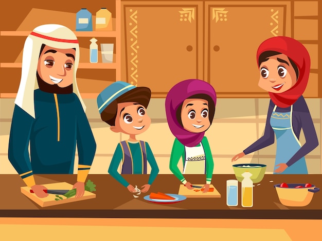 Arab family cooking together at kitchen 