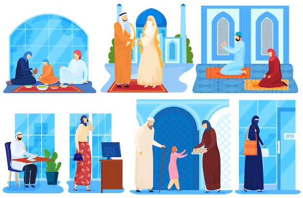 Famiglia araba musulmana o persone saudite asiatiche in panni islamici tradizionali insieme di illustrazioni.