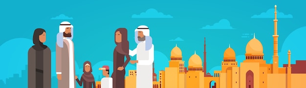 Vector arab family over muslim cityscape nabawi mosque building