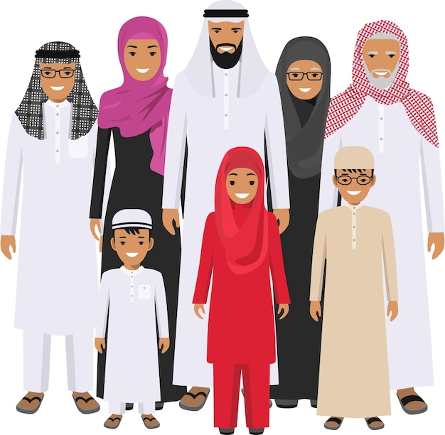 Арабская семья, стоящая вместе в традиционной мусульманской арабской одежде в плоском стиле. Вектор