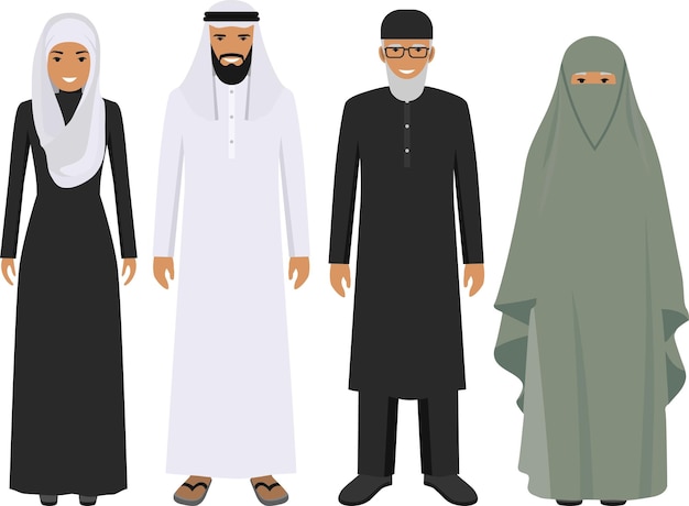 Arab Family Standing Together in Traditional Muslim Arabic Clothes in Flat Style