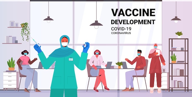 コロナウイルスワクチン開発医療予防接種キャンペーンオフィスインテリア全長水平病と戦うためにマスクワクチン接種ミックスレースビジネスマン患者のアラブ女性医師