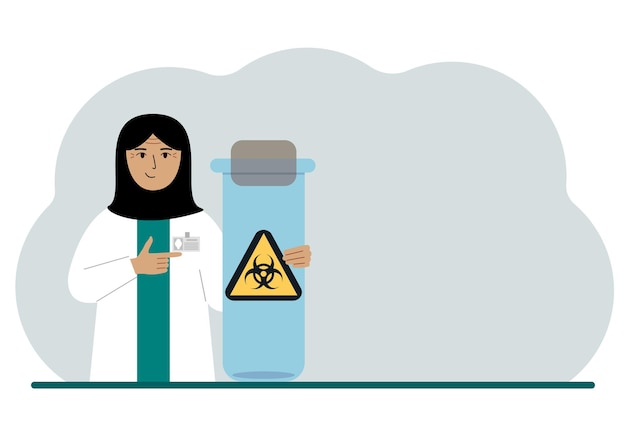 A arab female doctor or scientist is holding a test tube with a biohazard or virus warning label on it biological hazard