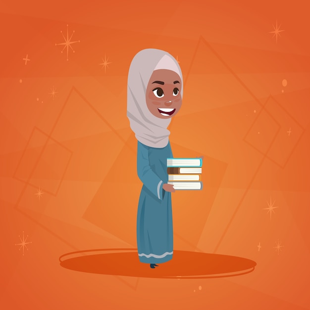 Arab Girl Hold Books Small Cartoon