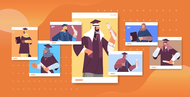 Arab graduated students in web browser windows arabic graduates celebrating academic diploma degree education university certificate concept horizontal portrait vector illustration