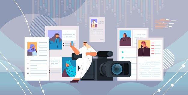 Arab hr manager con videocamera scegliendo curriculum vitae con foto e informazioni personali dei nuovi dipendenti candidati al lavoro reclutamento concetto di assunzione orizzontale illustrazione vettoriale