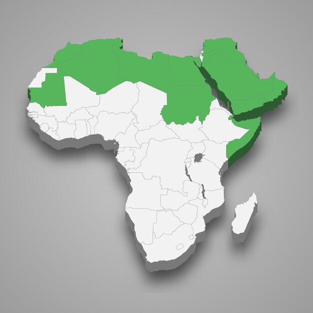 Arab league location within africa 3d isometric map