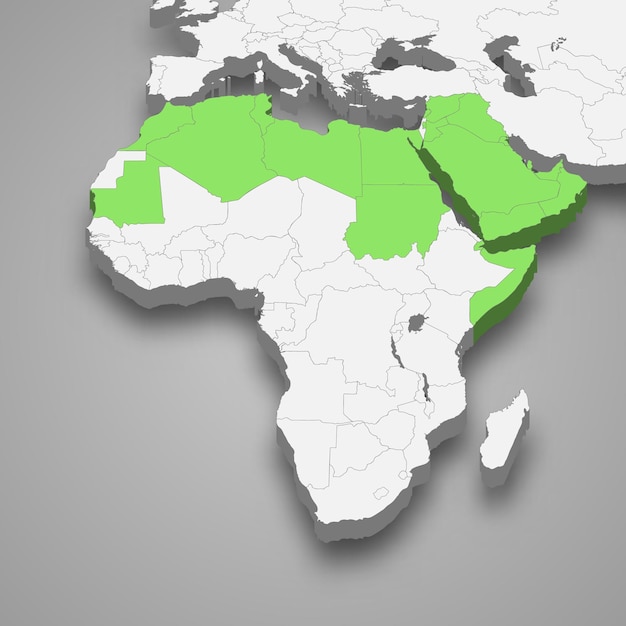 아랍 연맹의 아프리카 내의 위치 3d 동형 지도