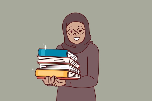 Vector arab little girl in hijab holds religious books with prayers in hands and looks at screen with smile