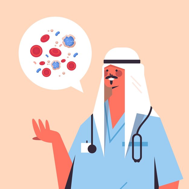 Вектор Арабский мужчина врач и болтать пузырь с сосудистой системой лейкоциты эритроциты тромбоциты здравоохранение медицина